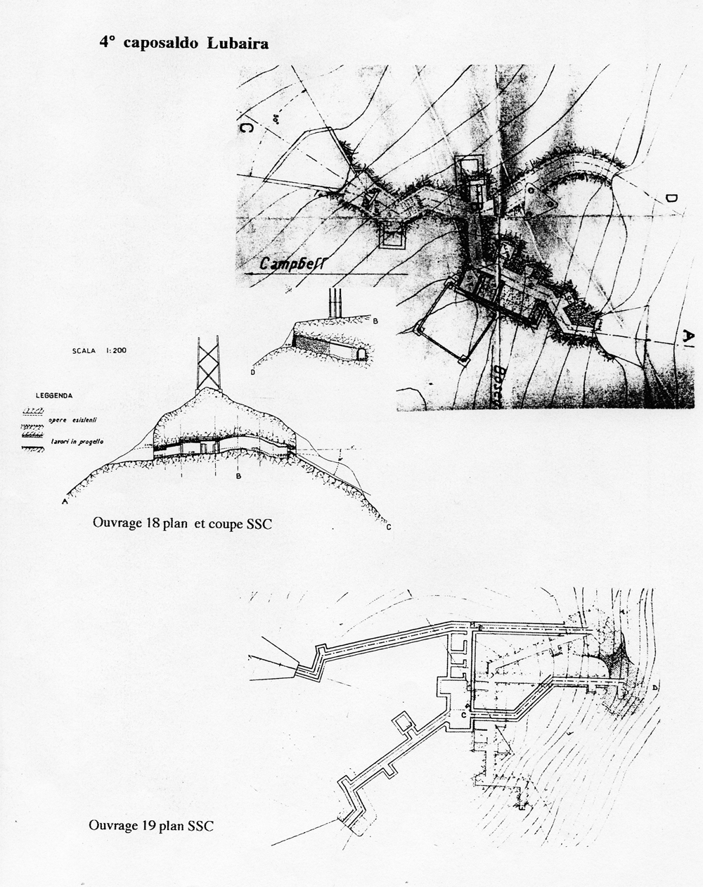 Fascicolo contenente il piano d'insieme [...] del Colle di Tenda [Document contenant le plan d'ensemble [...] du Col de Tende]. Détail : 4° caposaldo Lubaira [ouvrage 18 : plan et coupe, ouvrage 19 : plan].