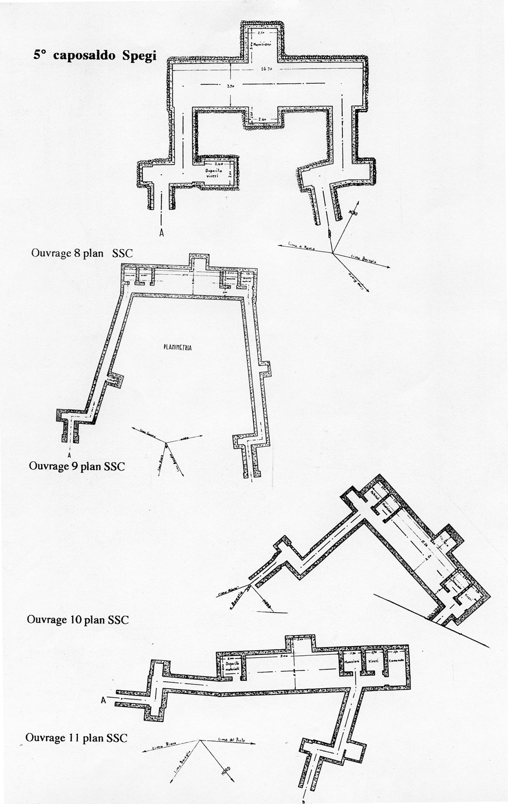 Fascicolo contenente il piano d'insieme [...] del Colle di Tenda [Document contenant le plan d'ensemble [...] du Col de Tende]. Détail : 5° caposaldo Spegi [ouvrages 8, 9, 10 et 11 : plans].