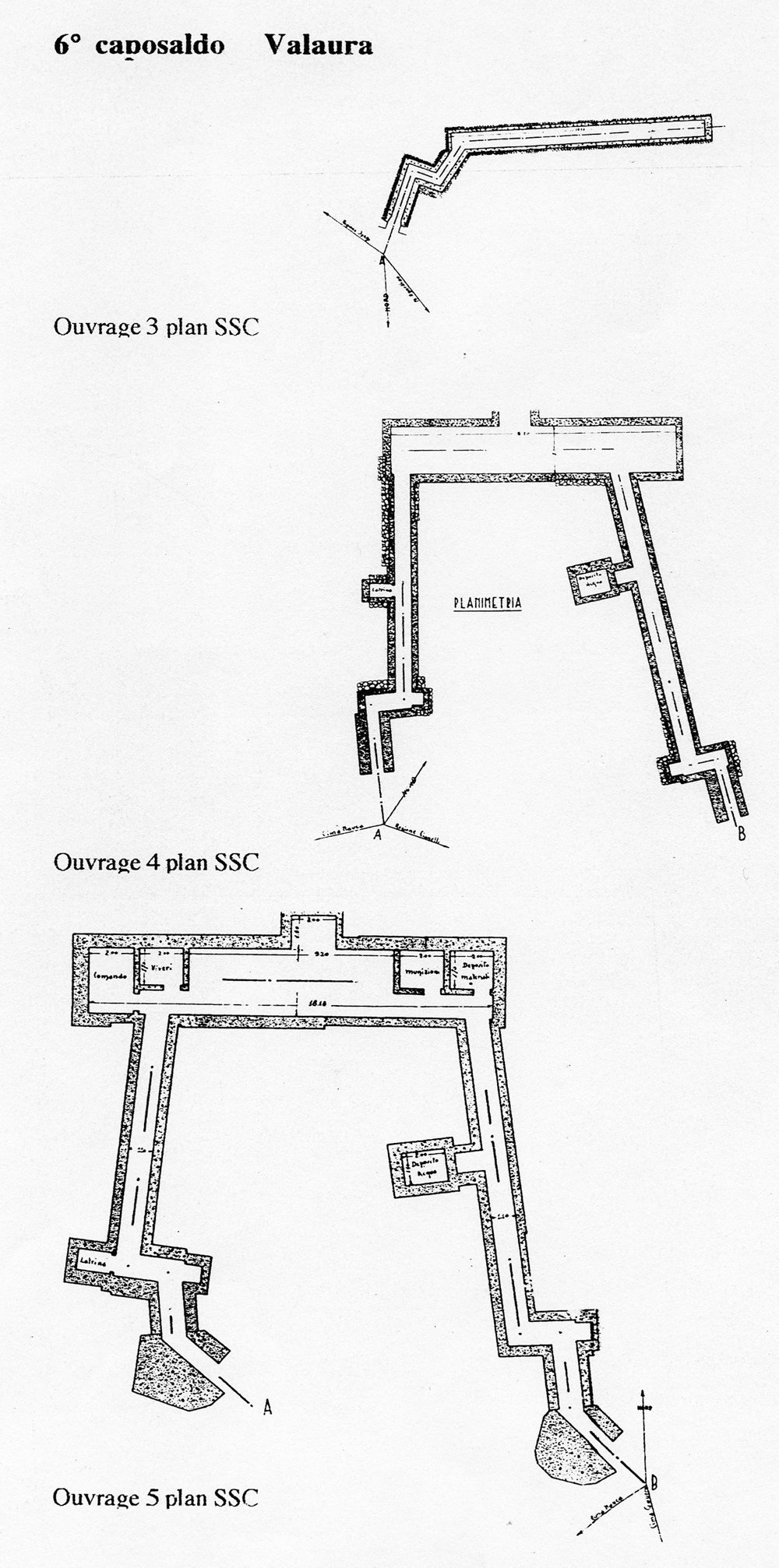 Fascicolo contenente il piano d'insieme [...] del Colle di Tenda [Document contenant le plan d'ensemble [...] du Col de Tende]. Détail : 6° caposaldo Valaura [ouvrages 3, 4 et 5 : plans].
