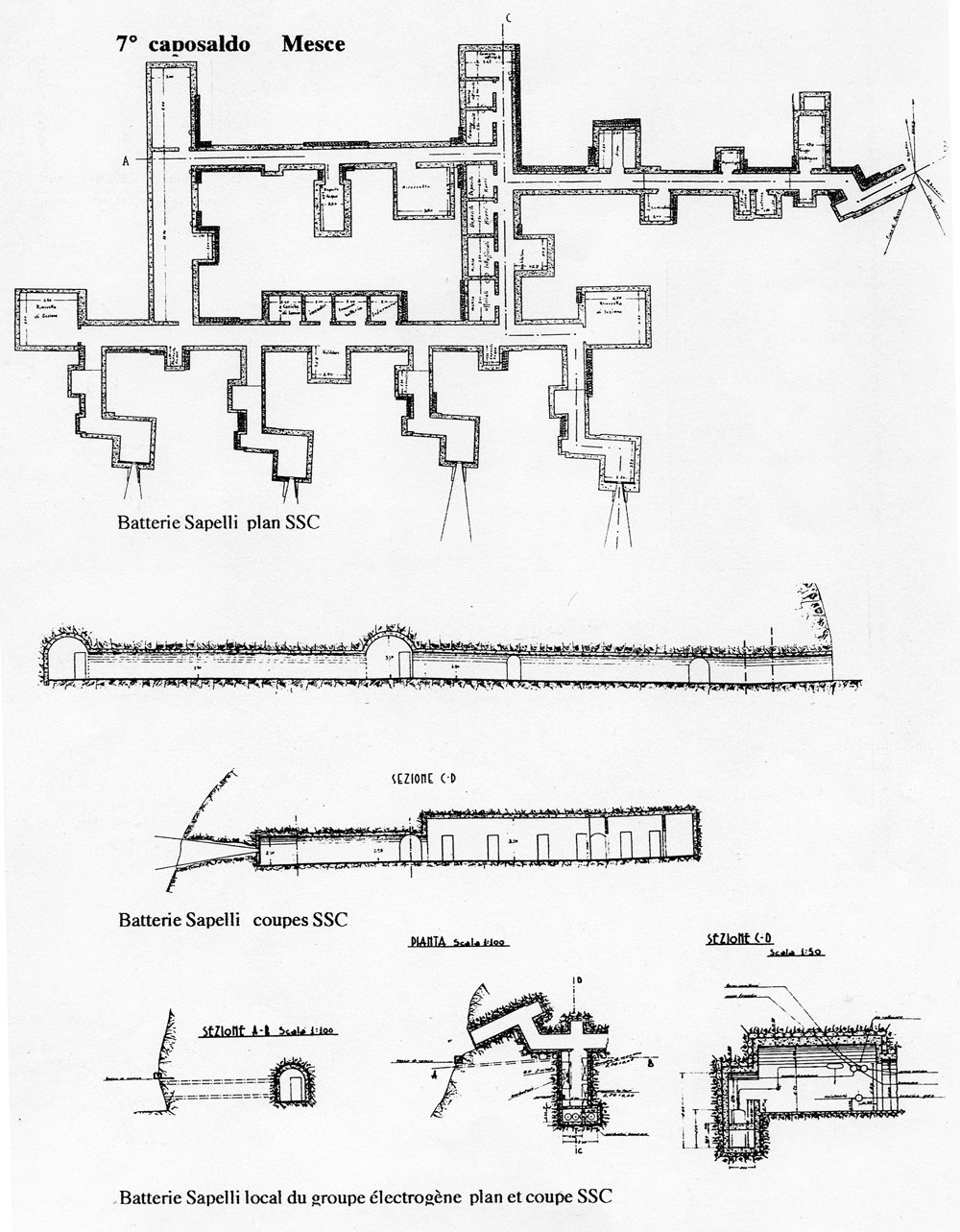 Fascicolo contenente il piano d'insieme [...] del Colle di Tenda [Document contenant le plan d'ensemble [...] du Col de Tende]. Détail : 7° caposaldo Mesce [batterie Sapelli : plan et coupes, local du groupe électrogène de la batterie Sapelli : plan et coupes].