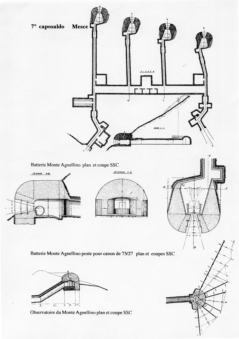 Fascicolo contenente il piano d'insieme [...] del Colle di Tenda [Document contenant le plan d'ensemble [...] du Col de Tende]. Détail : 7° caposaldo Mesce [batterie, poste pour canon et observatoire du Monte Agnelino : plans et coupes].