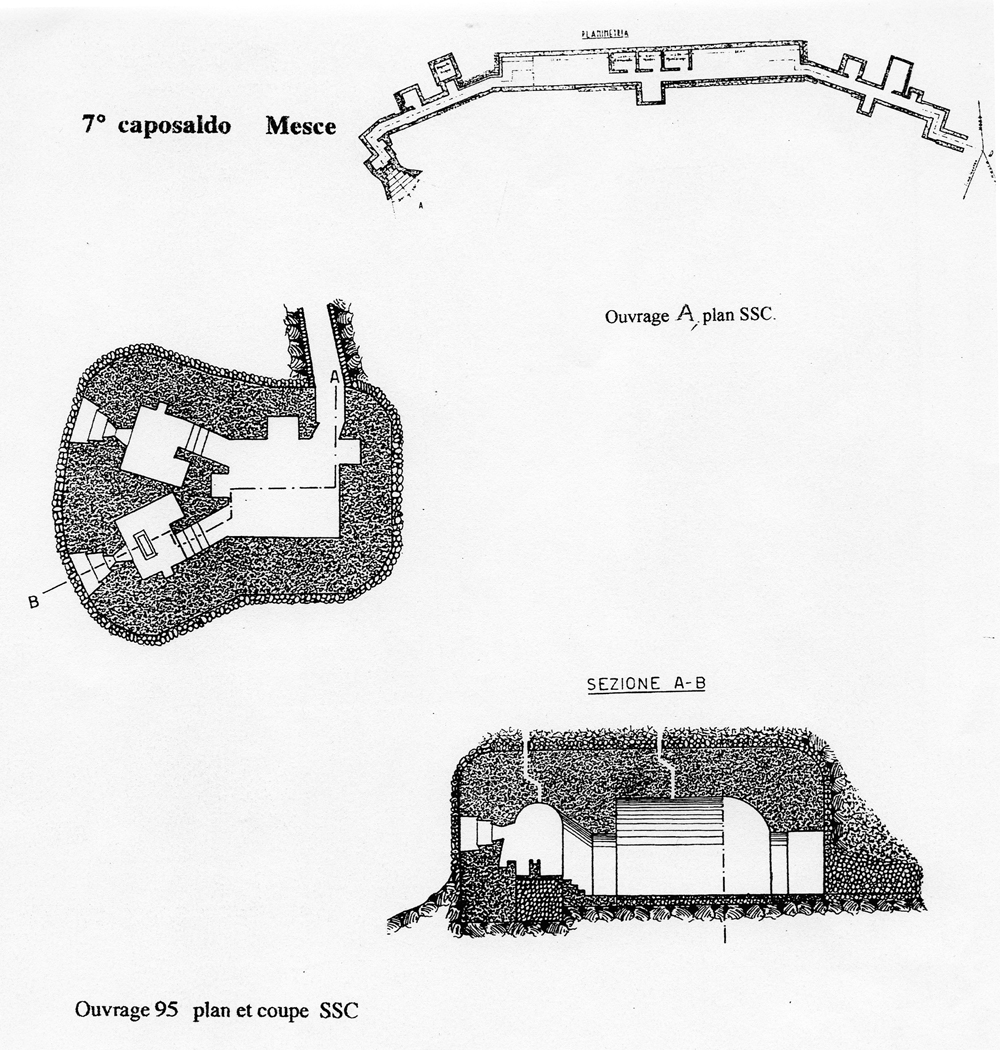 Fascicolo contenente il piano d'insieme [...] del Colle di Tenda [Document contenant le plan d'ensemble [...] du Col de Tende]. Détail : 7° caposaldo Mesce [ouvrage A : plan, ouvrage 95 : plan et coupe].