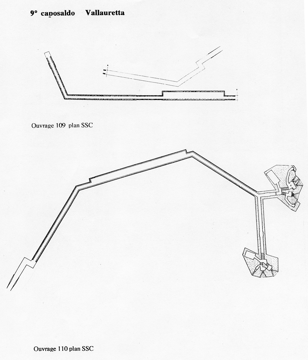 Fascicolo contenente il piano d'insieme [...] del Colle di Tenda [Document contenant le plan d'ensemble [...] du Col de Tende]. Détail : 9° caposaldo Vallauretta [ouvrages 109 et 110 : plans].