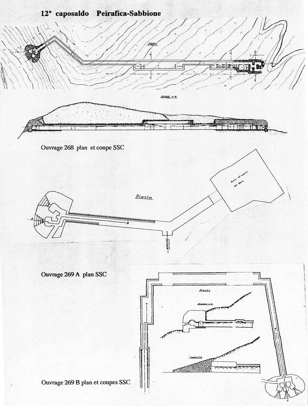Fascicolo contenente il piano d'insieme [...] del Colle di Tenda [Document contenant le plan d'ensemble [...] du Col de Tende]. Détail : 12° caposaldo Peirafica-Sabbione [ouvrage 269 A : plan, ouvrages 268 et 269 B : plans et coupes].