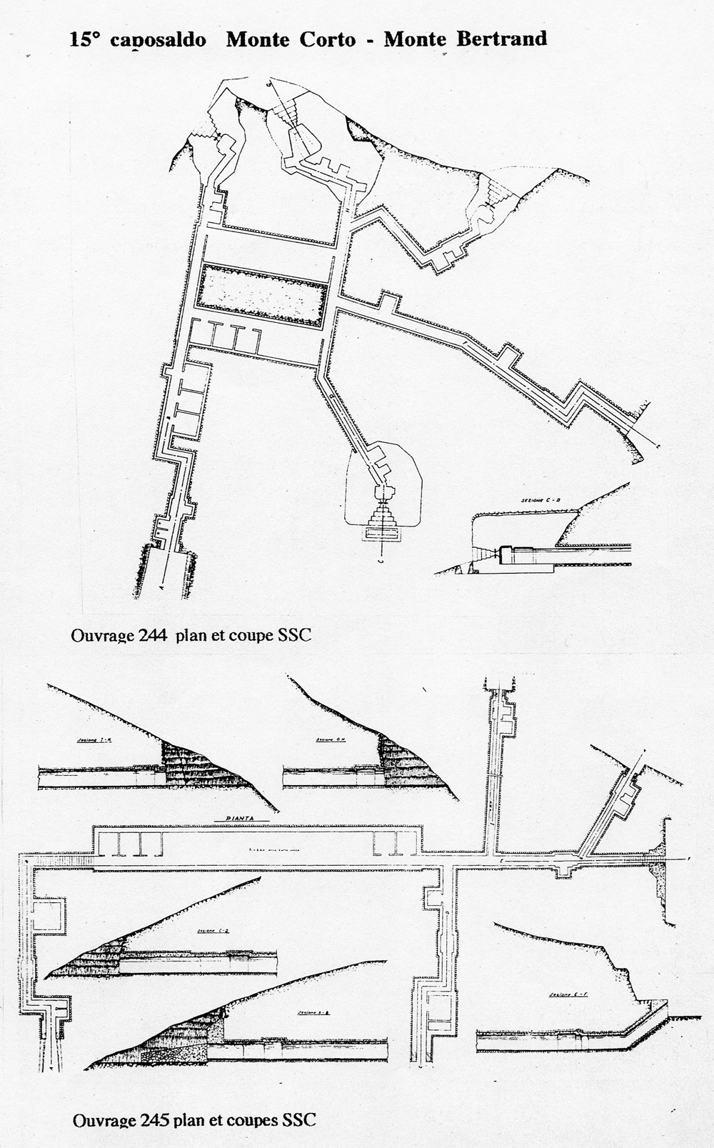 Fascicolo contenente il piano d'insieme [...] del Colle di Tenda [Document contenant le plan d'ensemble [...] du Col de Tende]. Détail : 15° caposaldo Monte Corto-Monte Bertrand [ouvrages 244 et 245 : plans et coupes].