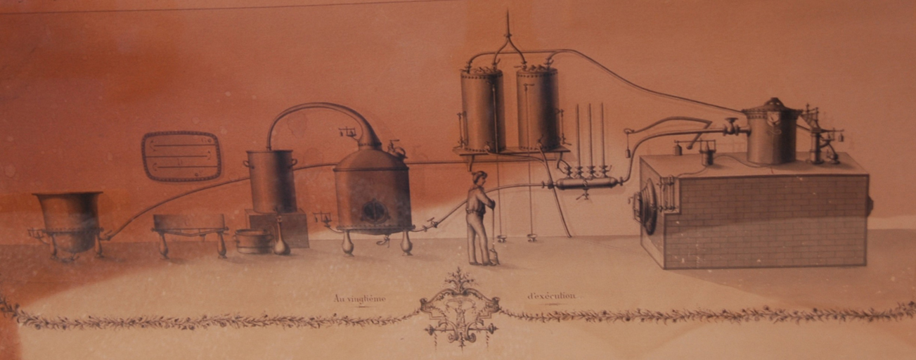[Le procédé d distillation par injection de vapeur. Document promotionnel émis par la société Hugues Aîné en 1864.]