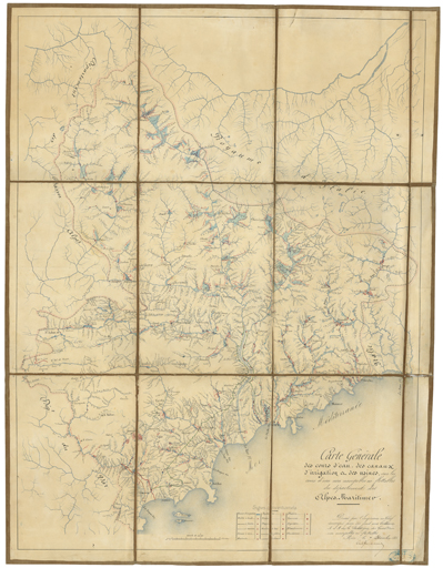 Carte générale des cours d'eau, des canaux d'irrigation et des usines, sur les cours d'eau non navigables ni flottables du département des Alpes-Maritimes. 