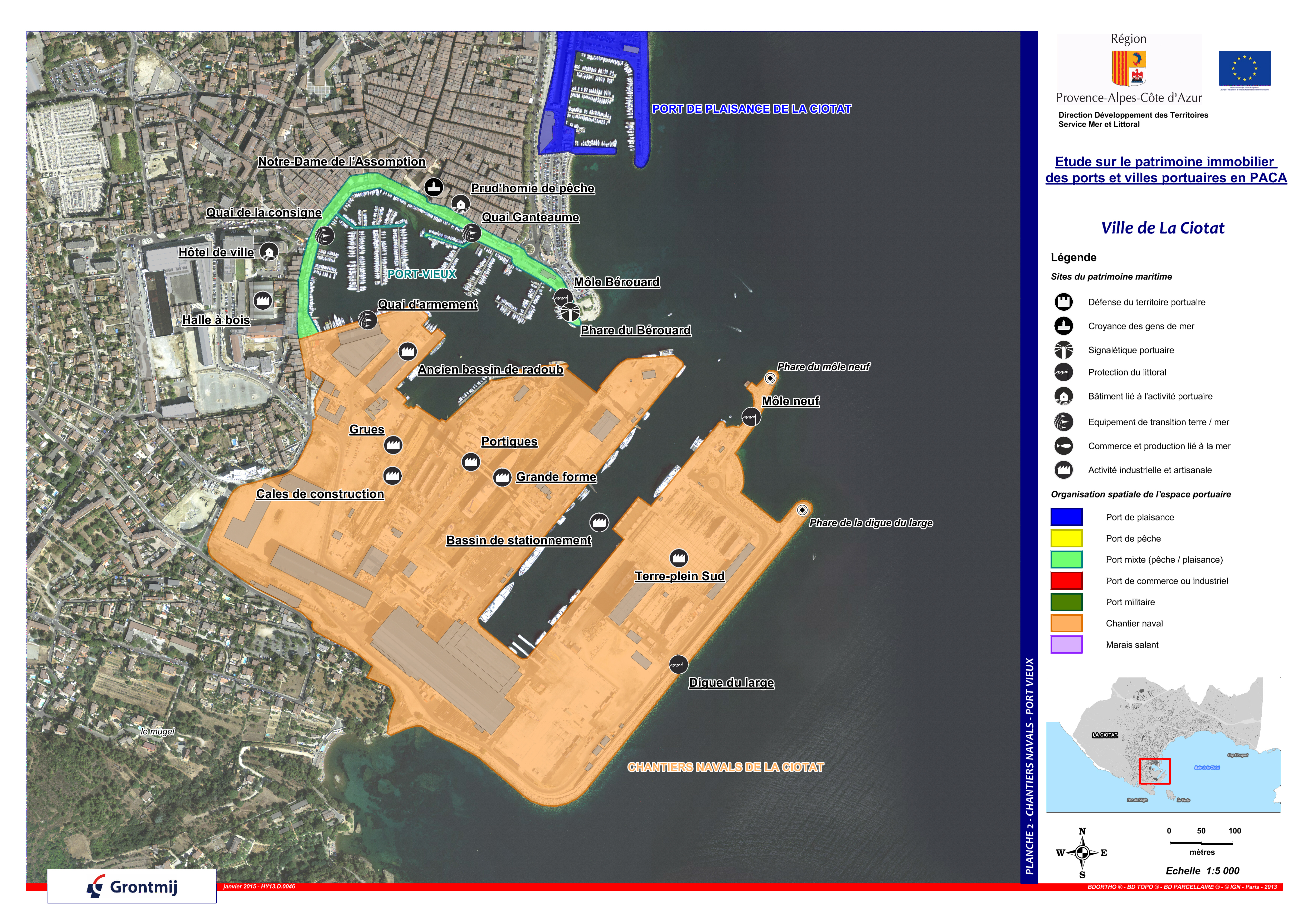 Carte des infrastructures portuaires de la commune de La Ciotat : Chantiers navals et Port-vieux