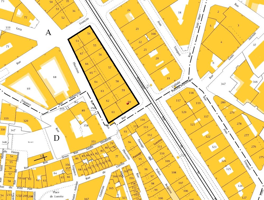 Plan-masse et de situation. D'après le plan cadastral 2014, section 800 D.