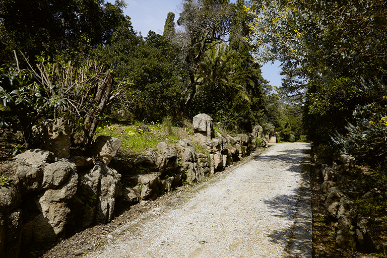 Allée bordée de rochers artificiels en béton, reliant l'entrée de service de la propriété à l'arrière de la villa.
