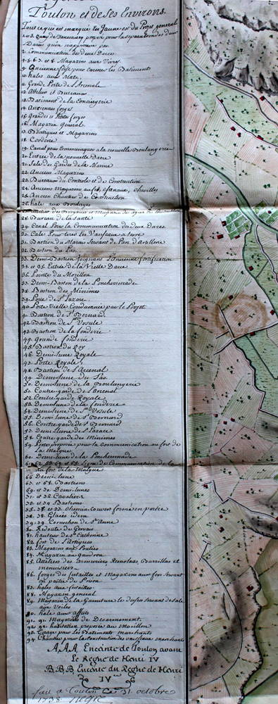 Plan de Toulon et de ses environs : légende. 1738.