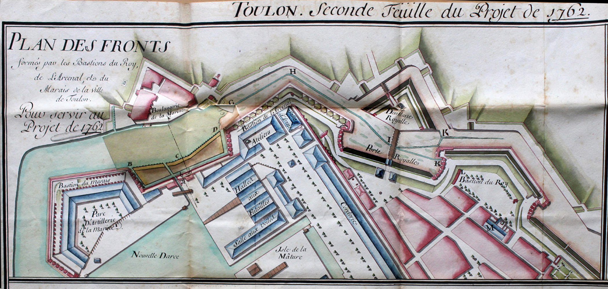 Plan des fronts formés par les bastions du Roy, de l'Arcenal et du Marais de la ville de Toulon pour servir au projet de 1762.