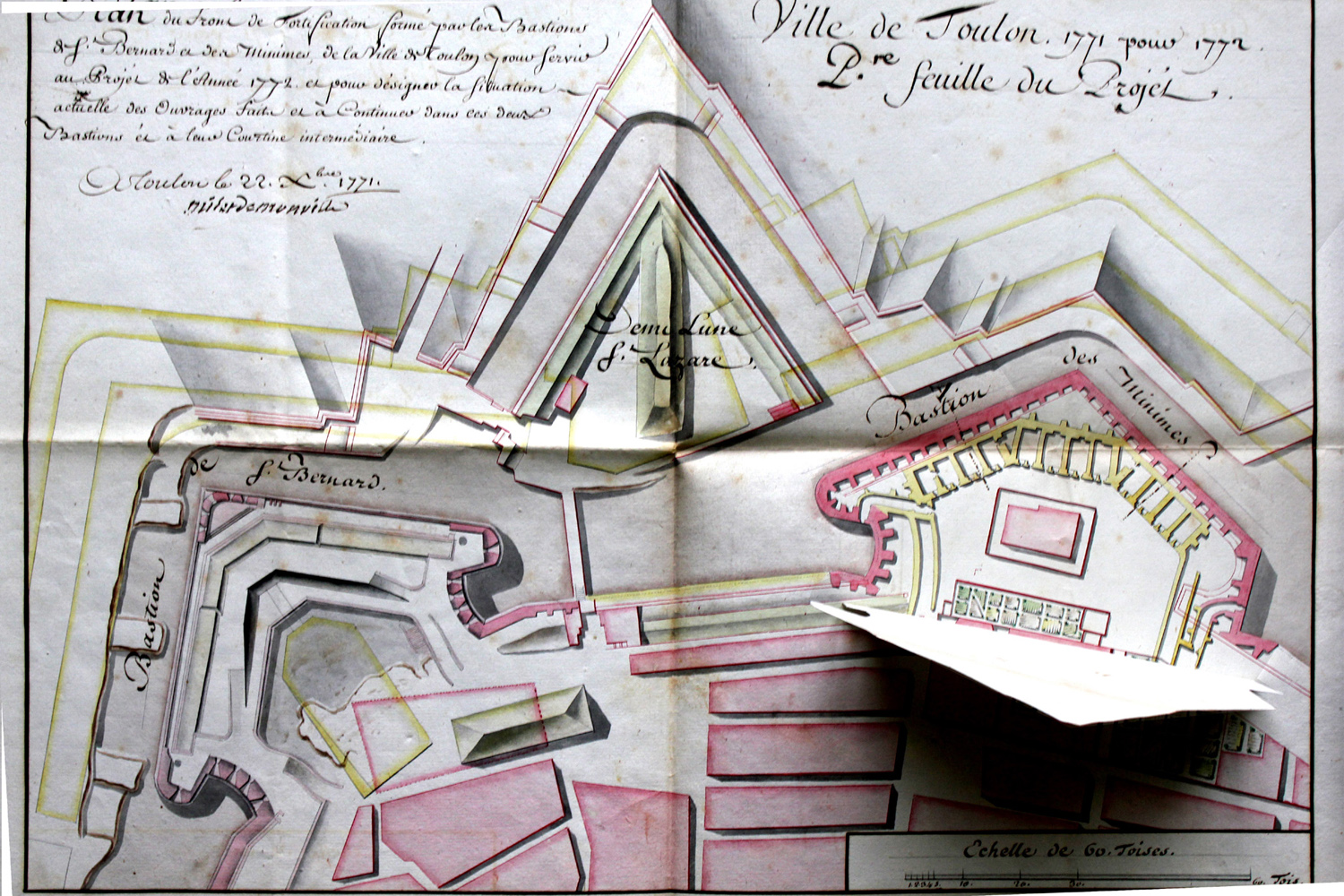 Plan du front de fortifications formé par les bastions de St-Bernard et des Minimes... 1771. Détail sans la retombe du bastion des Minimes : plan des dessous.