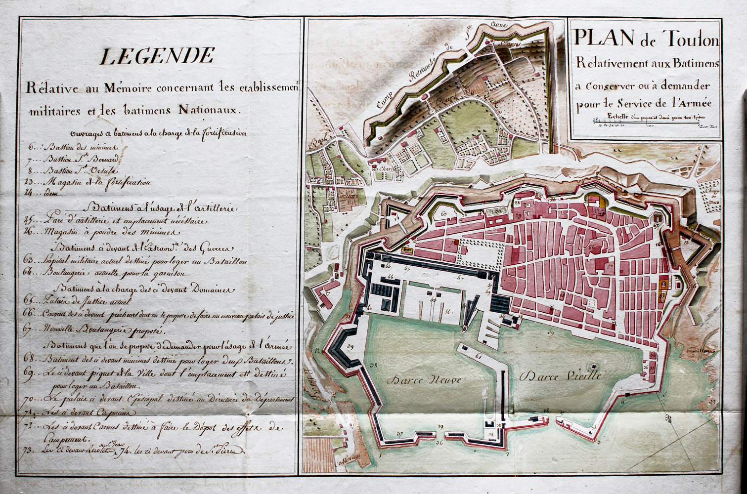 Plan de Toulon relativement aux Batimens a conserver ou a demander pour le Service de l'Armée. 1792.