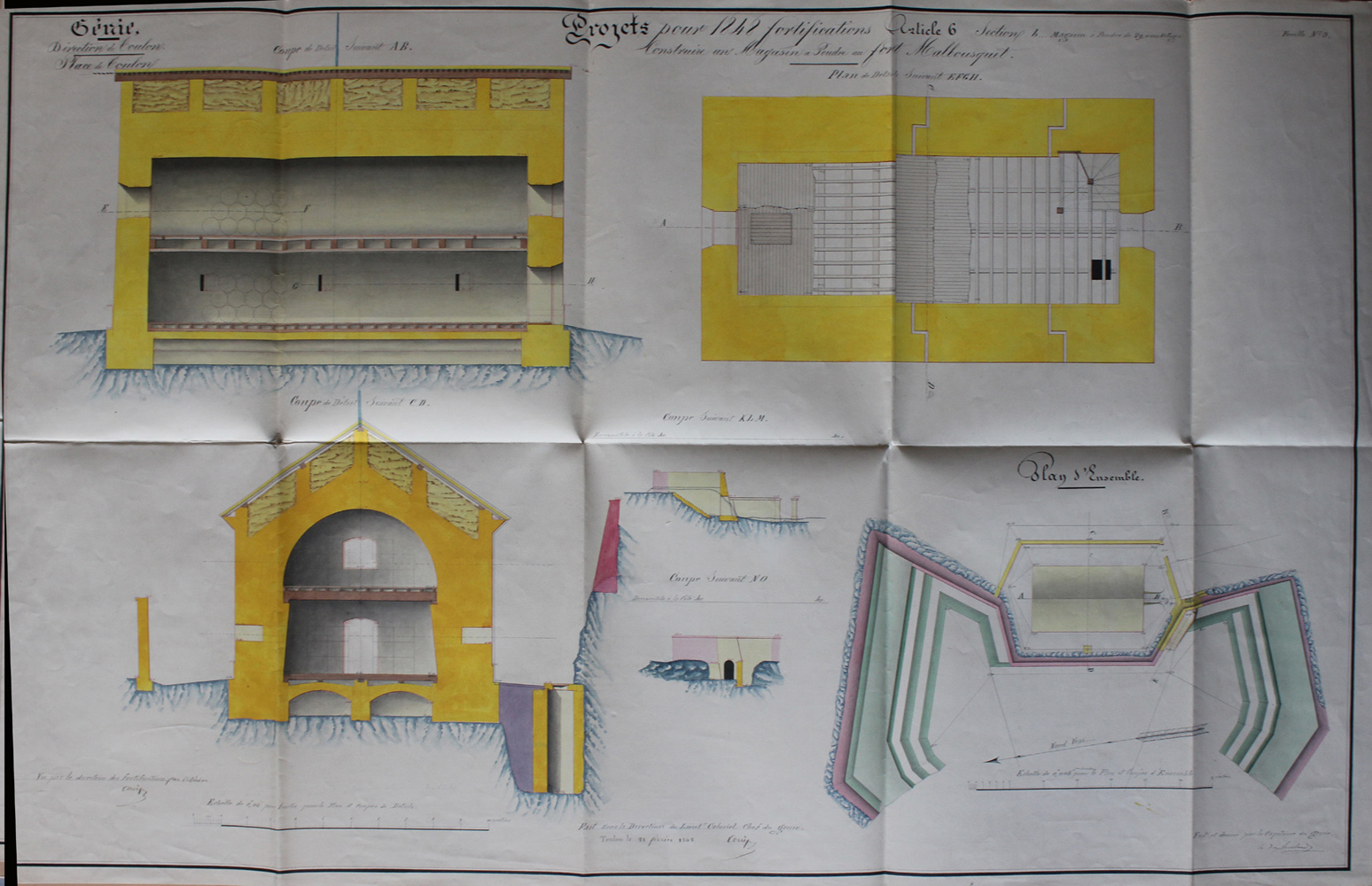 Projets pour 1848 fortifications. Construire un magasin à poudre au fort Malbousquet. Plans et coupes. 1848.