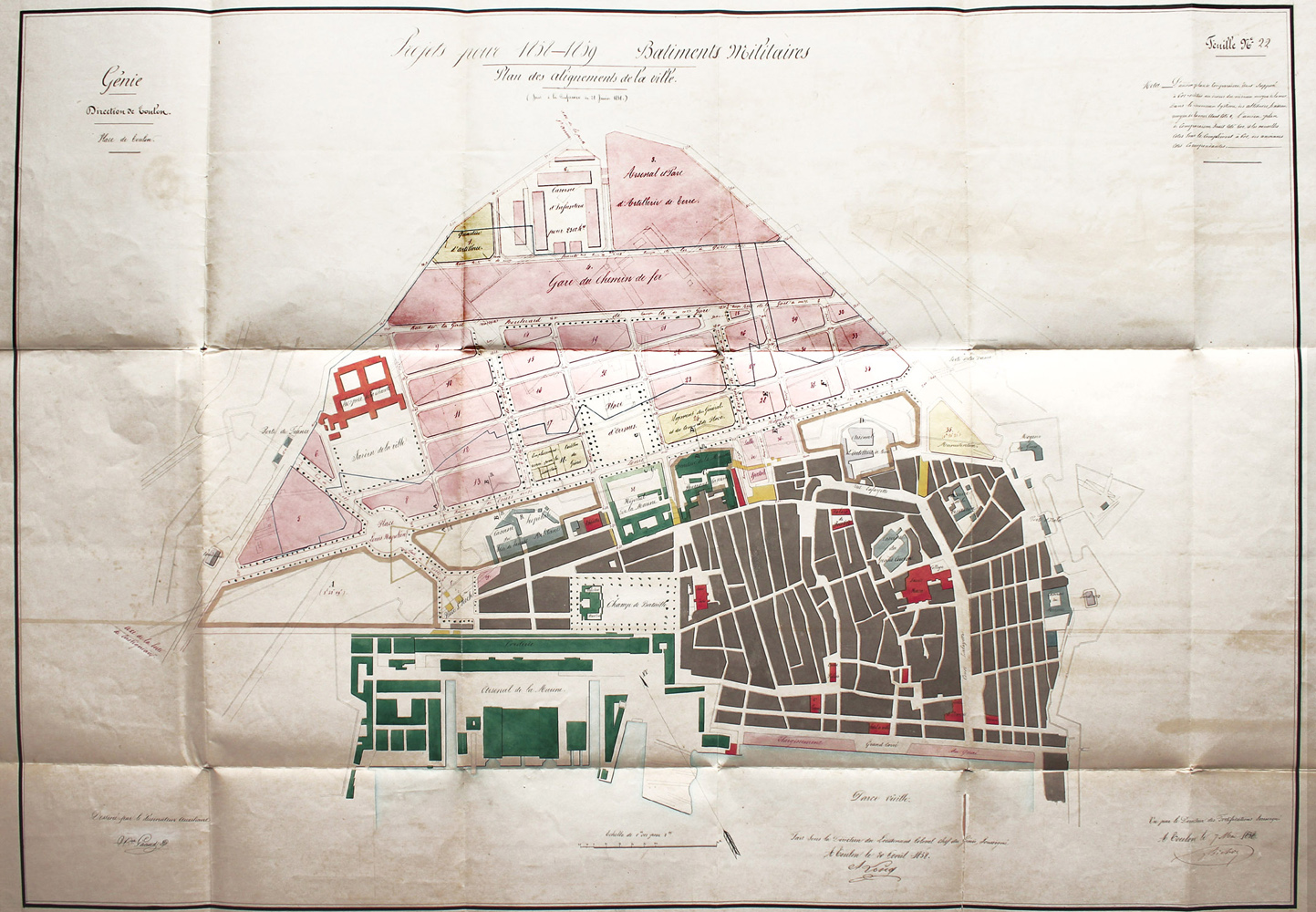 Projets pour 1858-1859 Bâtiments militaires : Plans des alignements de la ville (extension urbaine nord), avril 1858.