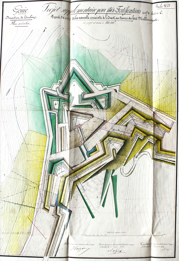 Projet supplémentaire pour 1861 Fortifications. Fronts 5-9 et 6-7 de la nouvelle enceinte à l'ouest au travers du fort Malbousquet. 1861.