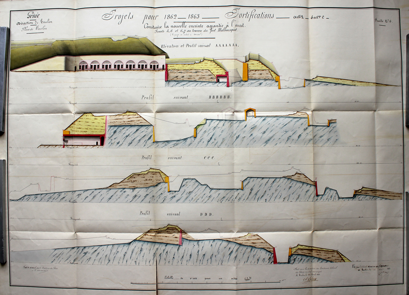 Projets pour 1862-1863. Fortifications : construire la nouvelle enceinte agrandie à l'ouest, fronts 5-6 et 6-7 au travers du fort Malbousquet. Elévation et profil. 1862.