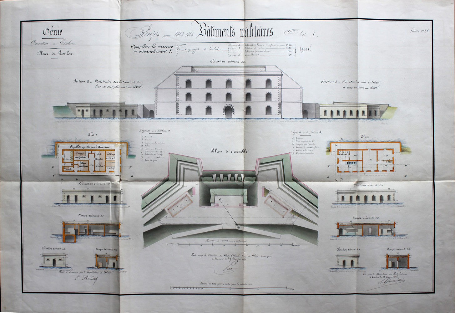 Projets pour 1864-1865. Bâtiments militaires : compléter la caserne de retranchement K, caserne Gardanne. 1864.