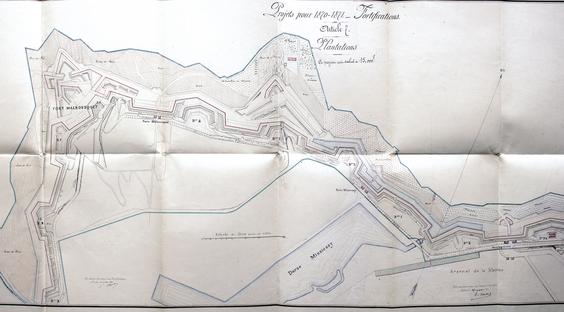 Projets pour 1870-1871 Fortifications. Plantations [Plan du nouveau front ouest Malbousquet] 1870. Détail.