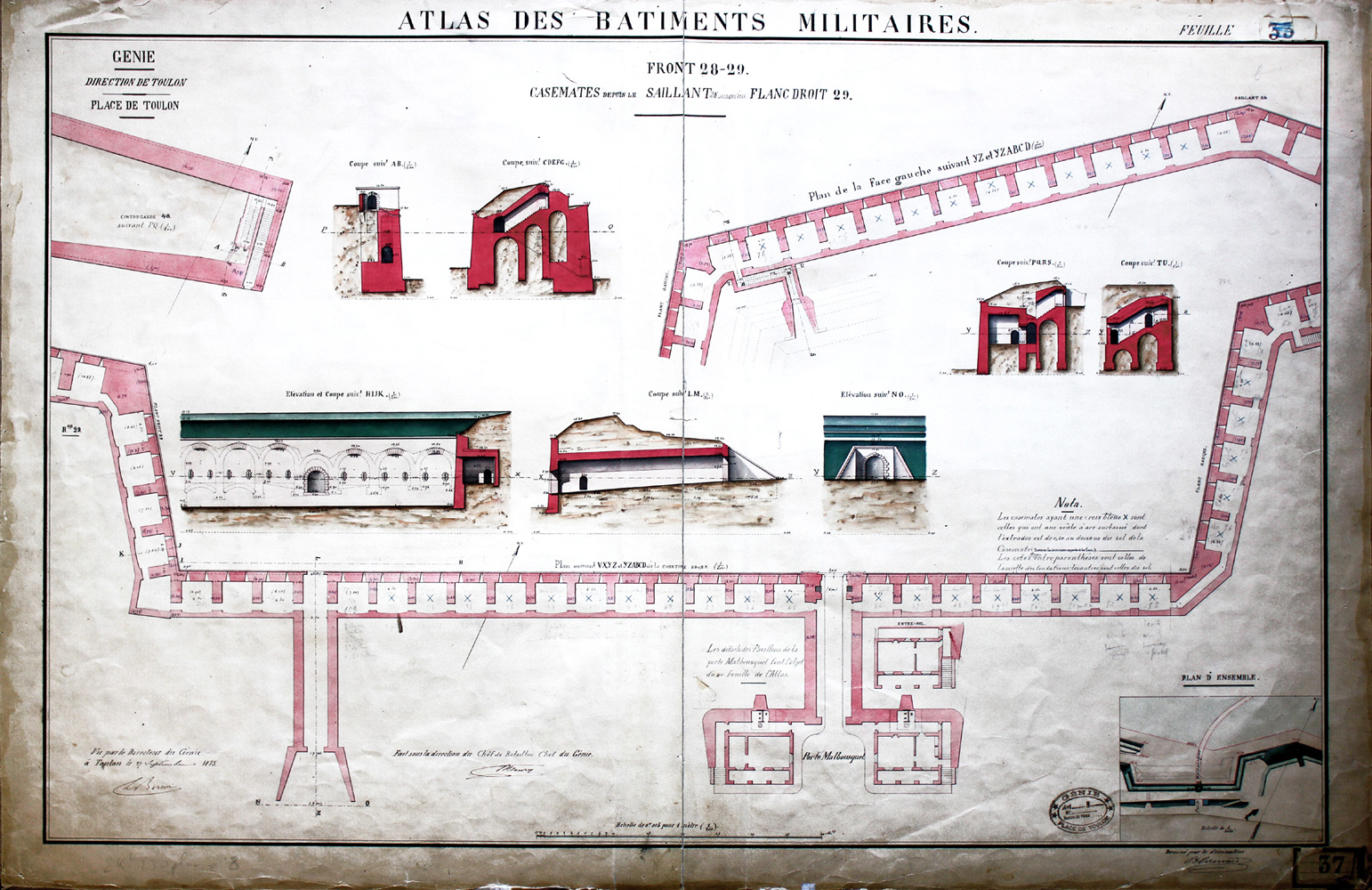 Front 28-29. Casemates depuis le saillant 28 jusqu'au flanc droit 29. [Extension ouest bastion 4-5, porte Malbousquet, galeries escarpe] 1875.