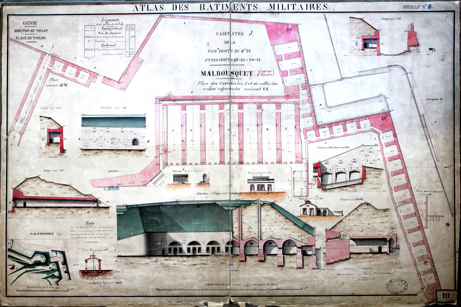 Casemates de la face droite du bastion 29 et des fronts 20-30 et 30-31. Malbousquet. Plan des casemates J et de celles des culées adjacentes. 1875.