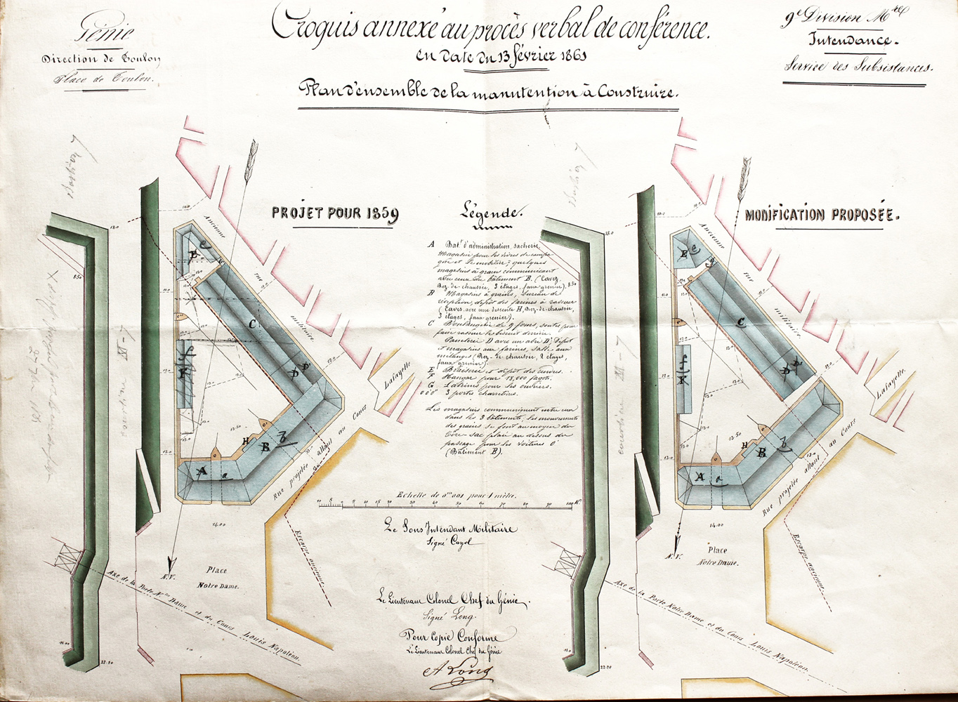 Plan d'ensemble de la manutention à construire. Croquis annexé au procès verbal de conférence en date du 13 février 1865.