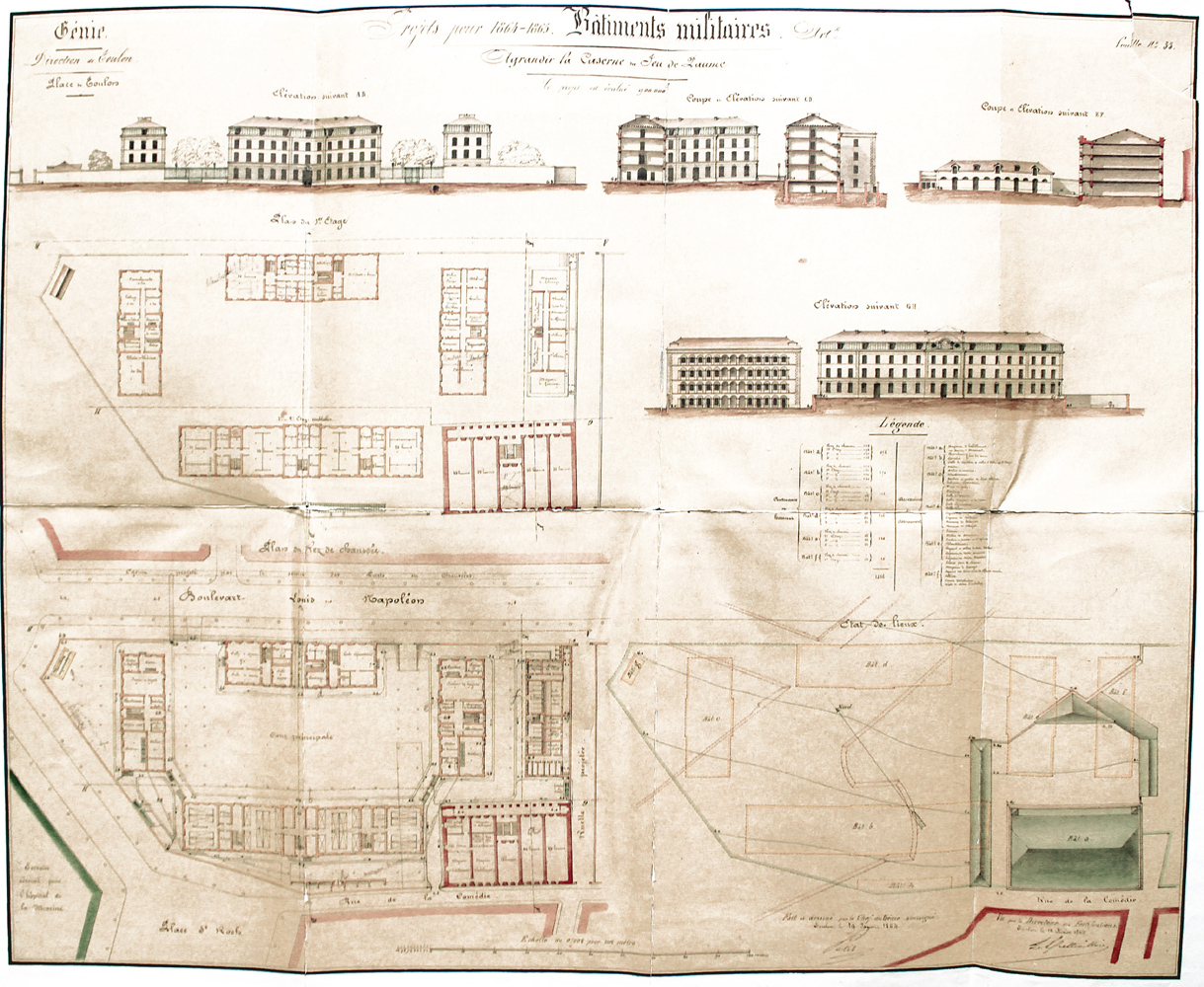 Bâtiments militaires : projets pour 1864-1865 - agrandir la caserne du Jeu de Paume.