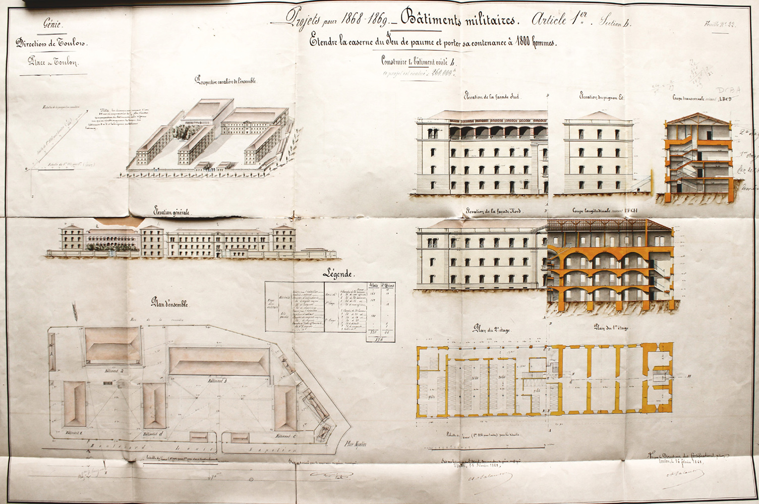 Bâtiments militaires : projet pour 1868-1869. Etendre la caserne du Jeu de Paume et porter sa contenance à 1800 hommes. 1868.