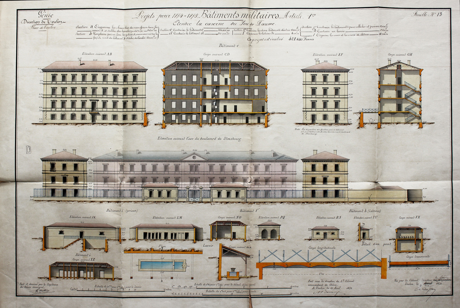 Projets pour 1874-1875 : bâtiments militaires. Etendre la caserne du Jeu de Paume. 1874.