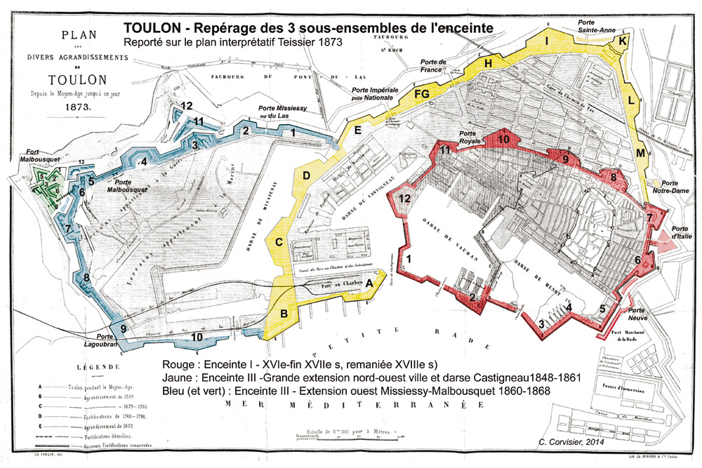 Repérage des 3 sous-ensembles de l'enceinte de Toulon reporté sur le plan Teissier 1873. ; Repérage des 3 sous-ensembles de l'enceinte reporté sur le plan Teissier de 1873. ; Repérage des 3 sous-ensembles de l'enceinte reporté sur le plan de Teissier 1873.