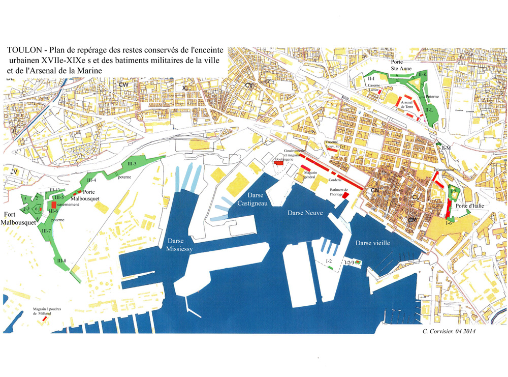 Plan de repérage des restes conservés de l'enceinte urbaine, des bâtiments militaires de la ville et de l'Arsenal de la Marine. ; Plan de repérage des restes conservés de l'enceinte urbaine, des bâtiments militaires de la ville et de l'Arsenal de la Marine. ; Plan de repérage des restes conservés de l'enceinte urbaine, des bâtiments militaires de la ville et de l'Arsenal de la Marine. ; Plan de repérage des restes conservés de l'enceinte urbaine, des bâtiments militaires de la ville et de l'Arsenal de la Marine. ; Plan de repérage des restes conservés de l'enceinte urbaine, des bâtiments militaires de la ville et de l'Arsenal de la Marine. ; Plan de repérage des restes conservés de l'enceinte urbaine, des bâtiments militaires de la ville et de l'Arsenal de la Marine. ; Plan de repérage des restes conservés de l'enceinte urbaine, des bâtiments militaires de la ville et de l'Arsenal de la Marine. ; Plan de repérage des restes conservés de l'enceinte urbaine, des bâtiments militaires de la ville et de l'Arsenal de la Marine.