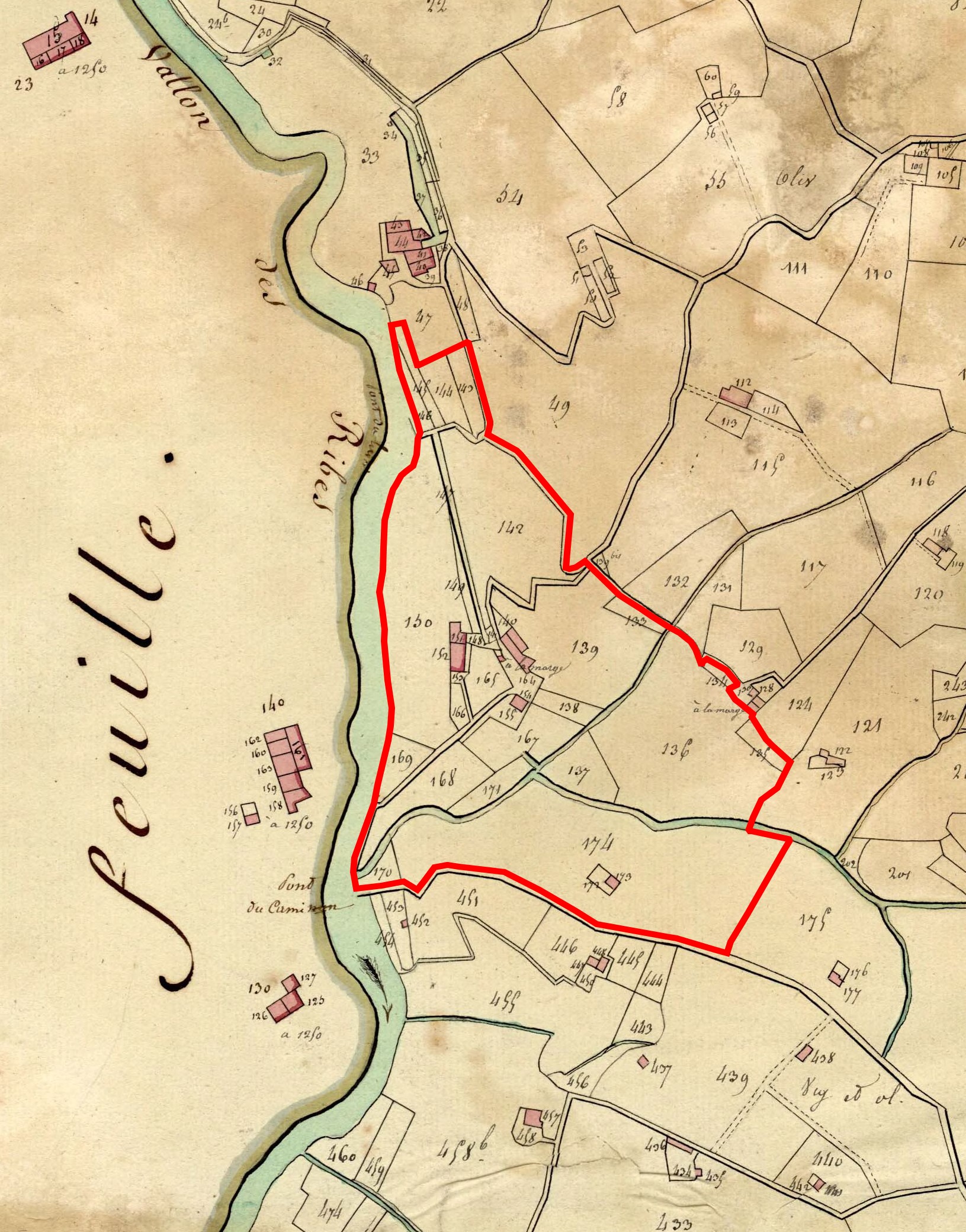 Plan cadastral de la commune de Grasse, 1809, section D2, parcelles 133 à 174. Echelle d'origine 1/2500e.