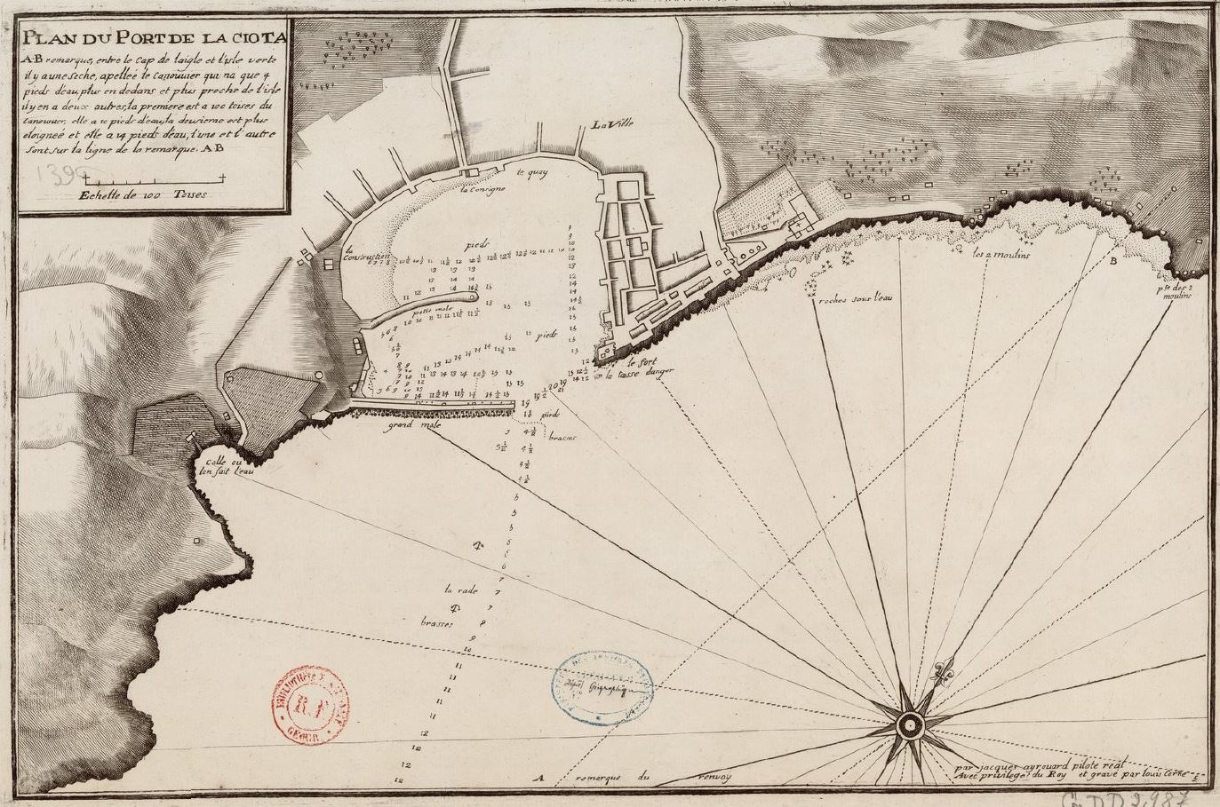 Plan du port de la Ciota par Jacques Ayrouard pilote real...vers 1732.