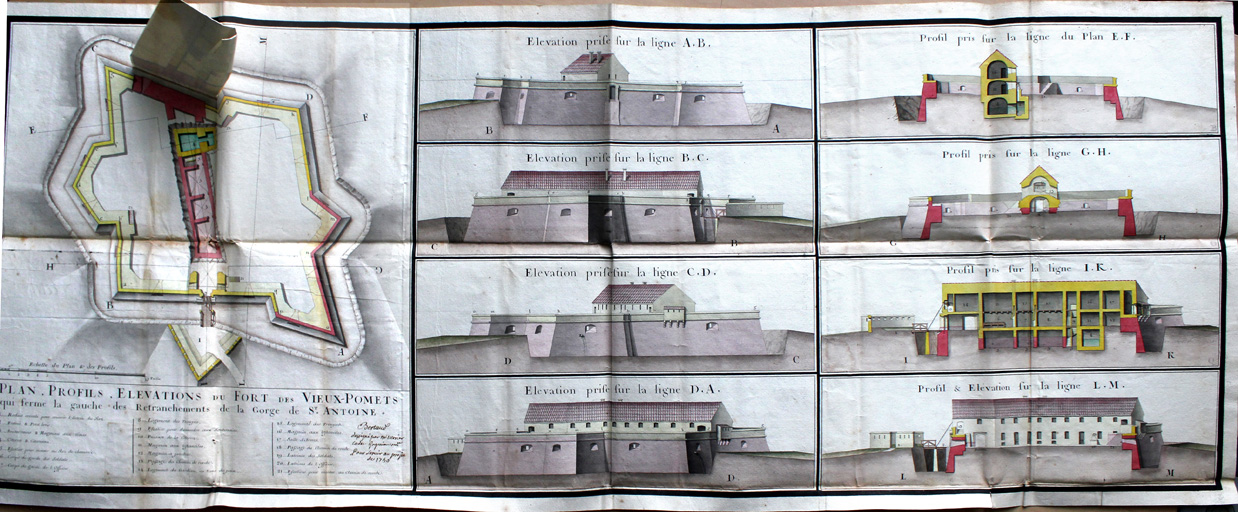 Plans, profils, élévations du fort des Vieux-Pomets. 1750.