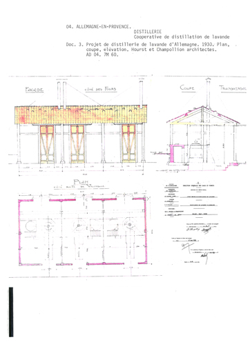 Projet de distillerie de lavande d'Allemagne. 1930. Plan, coupe, élévation.