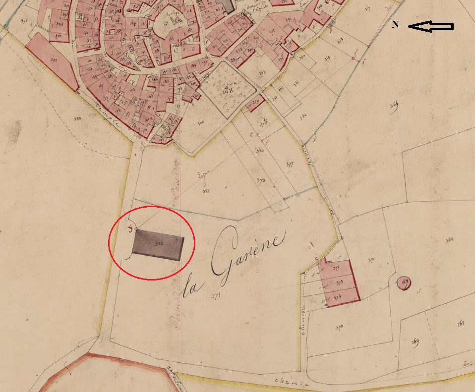 Plan de masse et de situation d'après le cadastre napoléonien de 1833, section D, parcelle 382.