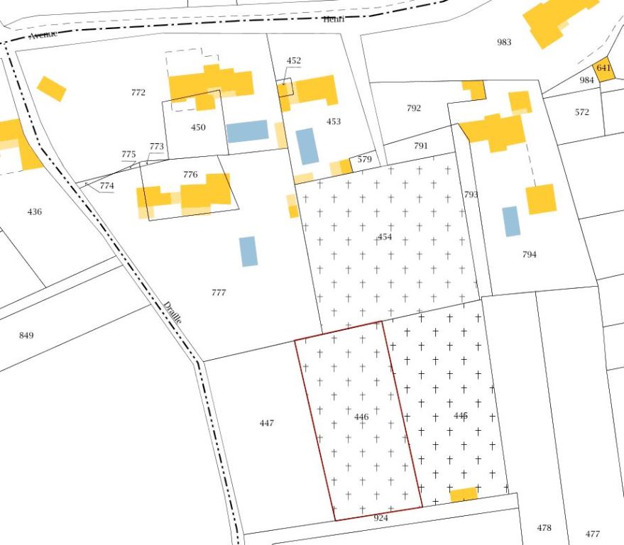 Plan de masse et de situation du carré protestant, cimetière de Lourmarin, section D, parcelle 446 d'après le cadastre moderne de 2017.