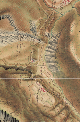 Cartes des frontières Est de la France, de Colmars à Marseille. Détail de la feuille 200-63 : le camp retranché de Tournoux avec la redoute des Cassons au nord du village. ; Cartes des frontières Est de la France, de Colmars à Marseille. Détail : le camp de Tournoux et la redoute de Berwick, carte levée entre 1764 et 1769.