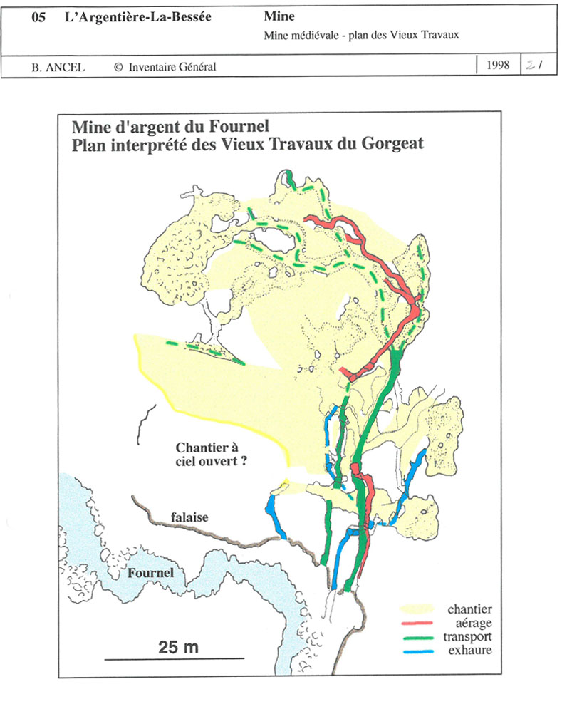 Mine d'argent du Fournel. Plan interprété des Vieux Travaux du Gorgeat.