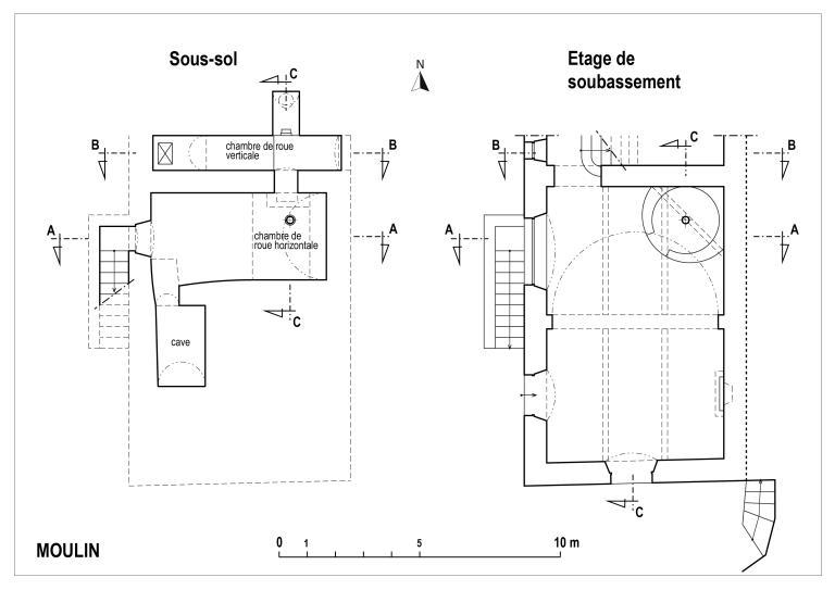 Moulin : plans du sous-sol et de l'étage de soubassement
