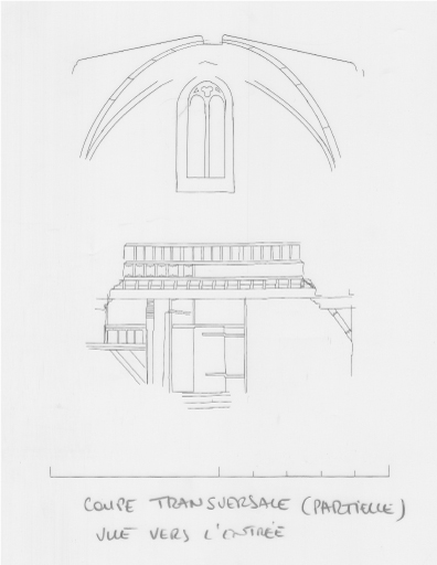 Coupe transversale partielle, vue vers l'entrée.