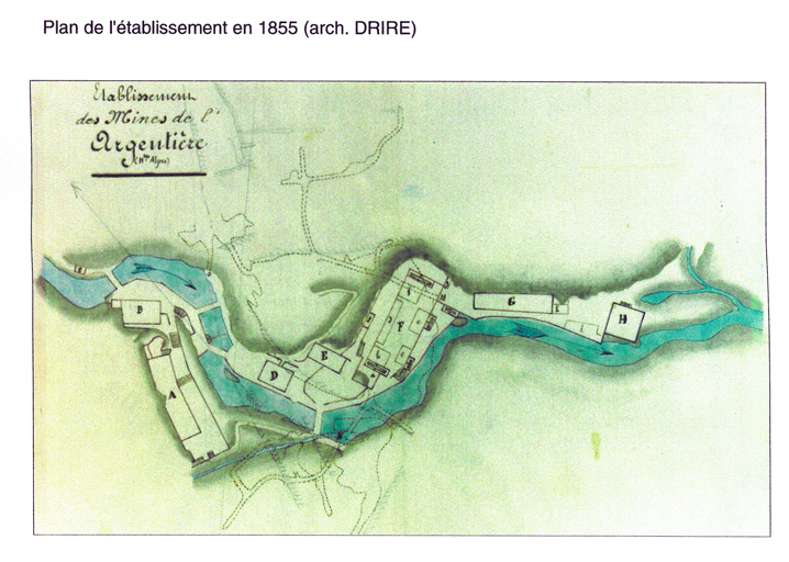 Etablissement des mines de l'Argentière (Htes-Alpes). [Plan de l'établissement du Fournel], 1855.