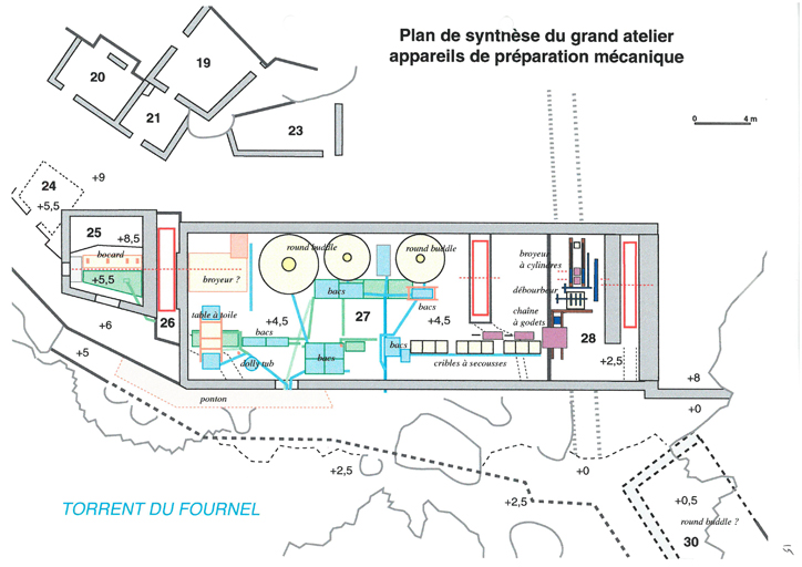 Plan de synthèse du grand atelier, appareils de préparation mécanique.