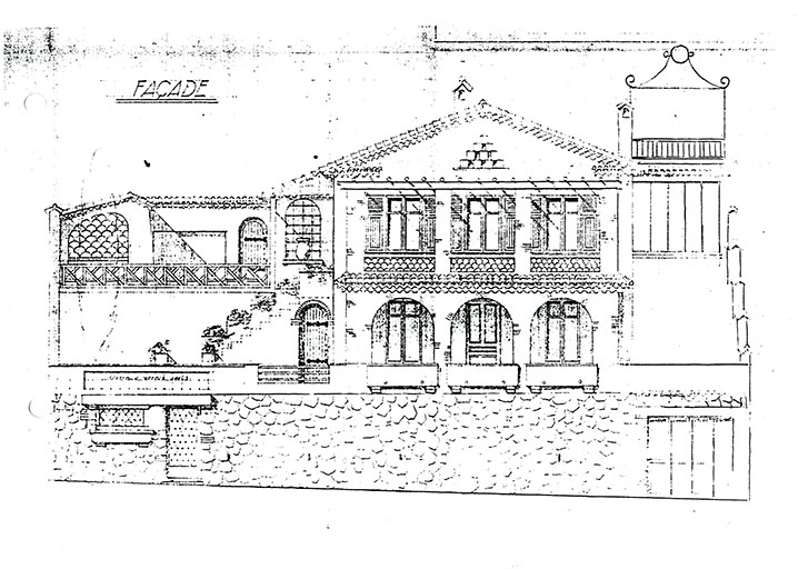 [Plan du rez-de-chaussée surélevé. Elévation ouest. Coupe nord-sud sur l'escalier extérieur.], 1941. Détail : élévation ouest.