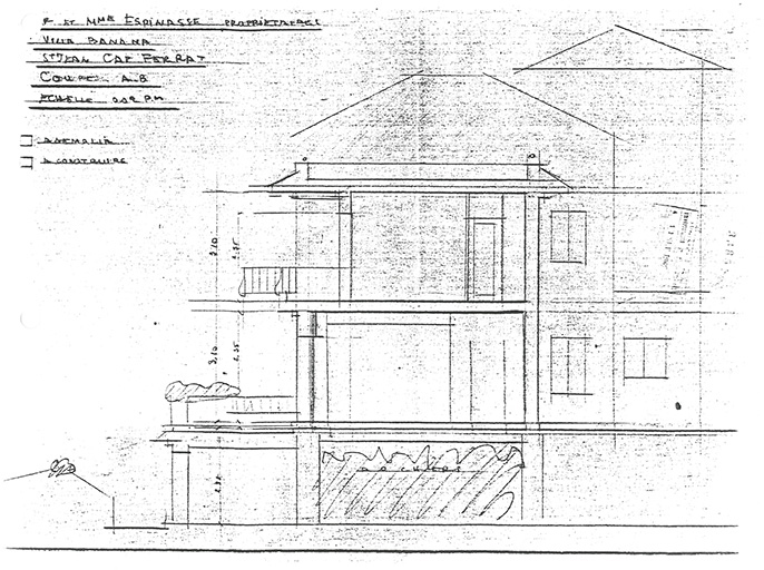 Mr et Mme Espinasse propriétaires. Villa Banana. St Jean Cap Ferrat. Coupe A-B. [Coupe nord-sud. Projet d'agrandissement]. 1962.