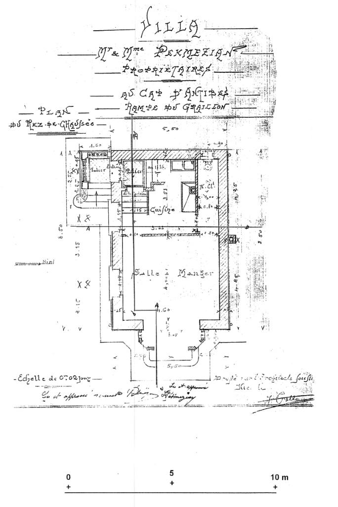 Villa. Mr & Mme Pekmezian propriétaires. Av. Cap d'Antibes. Rampe du Graillon. Plan du rez-de-chaussée. 1931.