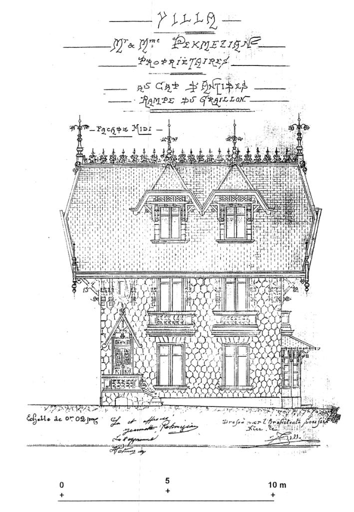 Villa. Mr & Mme Pekmézian propriétaires. Av. Cap d'Antibes. Rampe du Graillon. Façade midi. 1931.