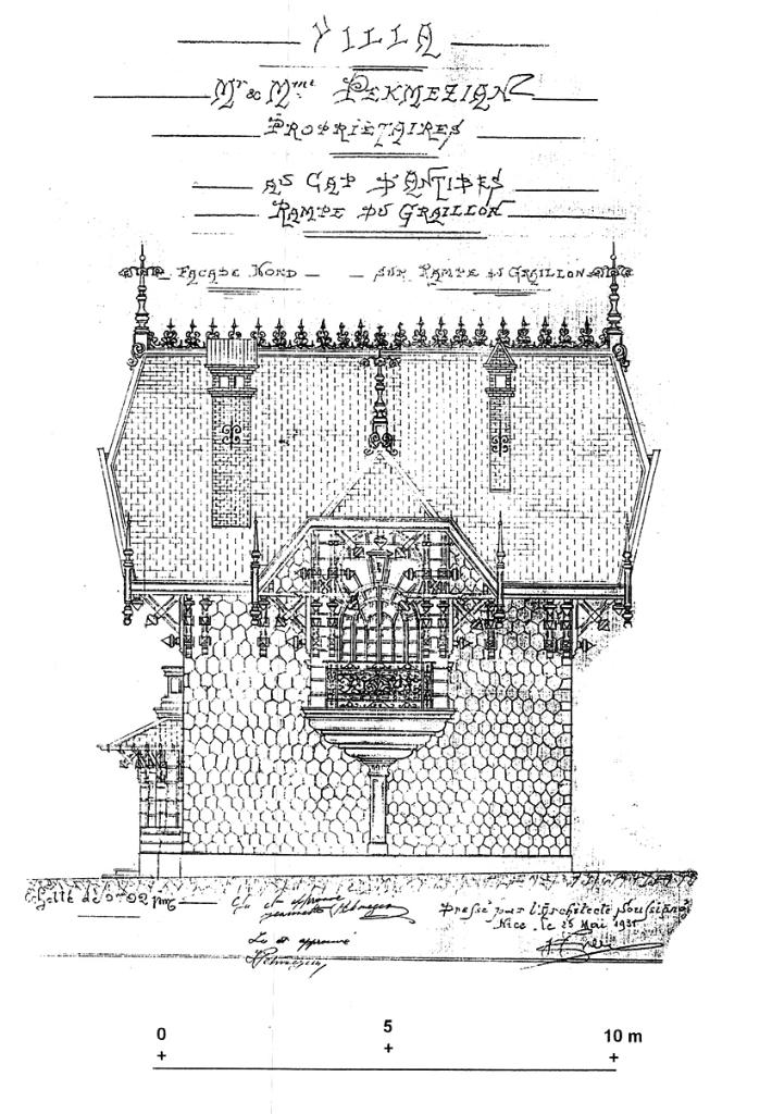 Villa. Mr & Mme Pekmézian propriétaires. Av. Cap d'Antibes. Rampe du Graillon. Façade nord. 1931.