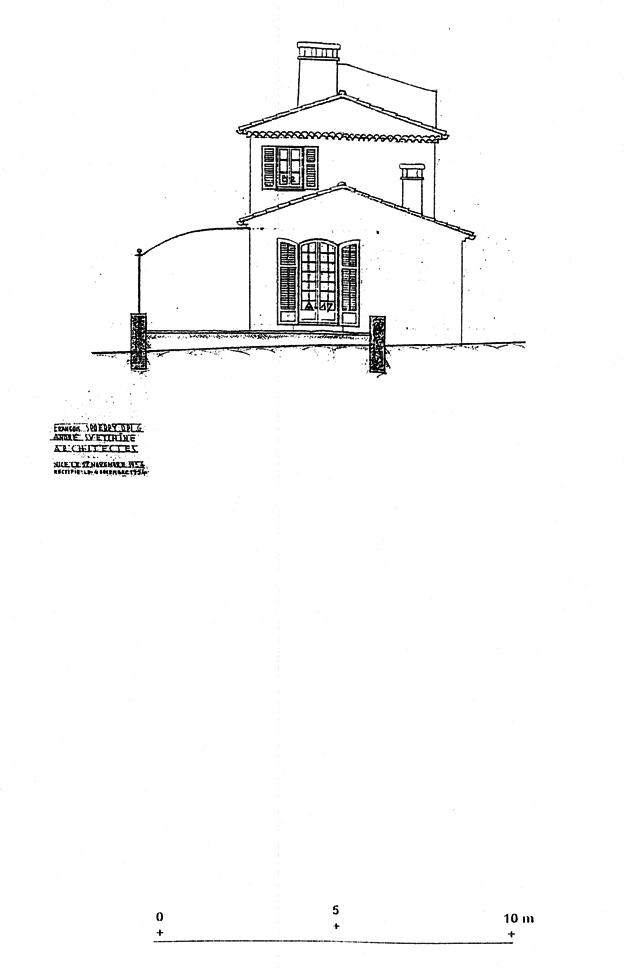 Propriété de Monsieur et Madame Thierry-Mieg au Cap d'Antibes. A-M. Projet de maison d'habitation individuelle. Façades. 1954. Elévation sud du corps principal.